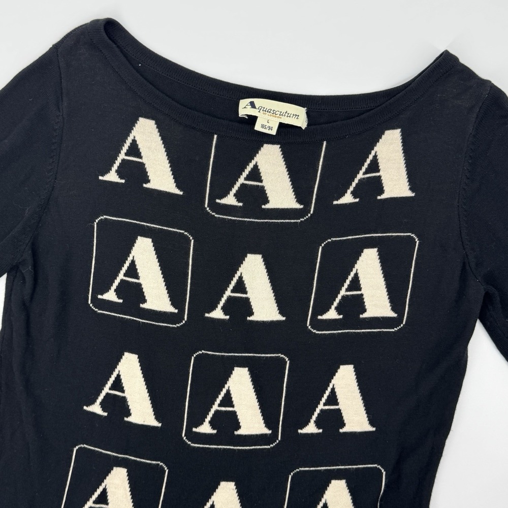 Vintage Aquascutum Black Monogram "A" Sweater Top Knit‎ Women Size L (Runs Small